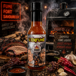 Sauce piquante L’Enfumé – Chipotle, Ghost Pepper et Genghis Khan – 148 ml
