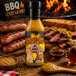 Moutarde Shack à Sauce avec saucisses grillées et smoked meat
